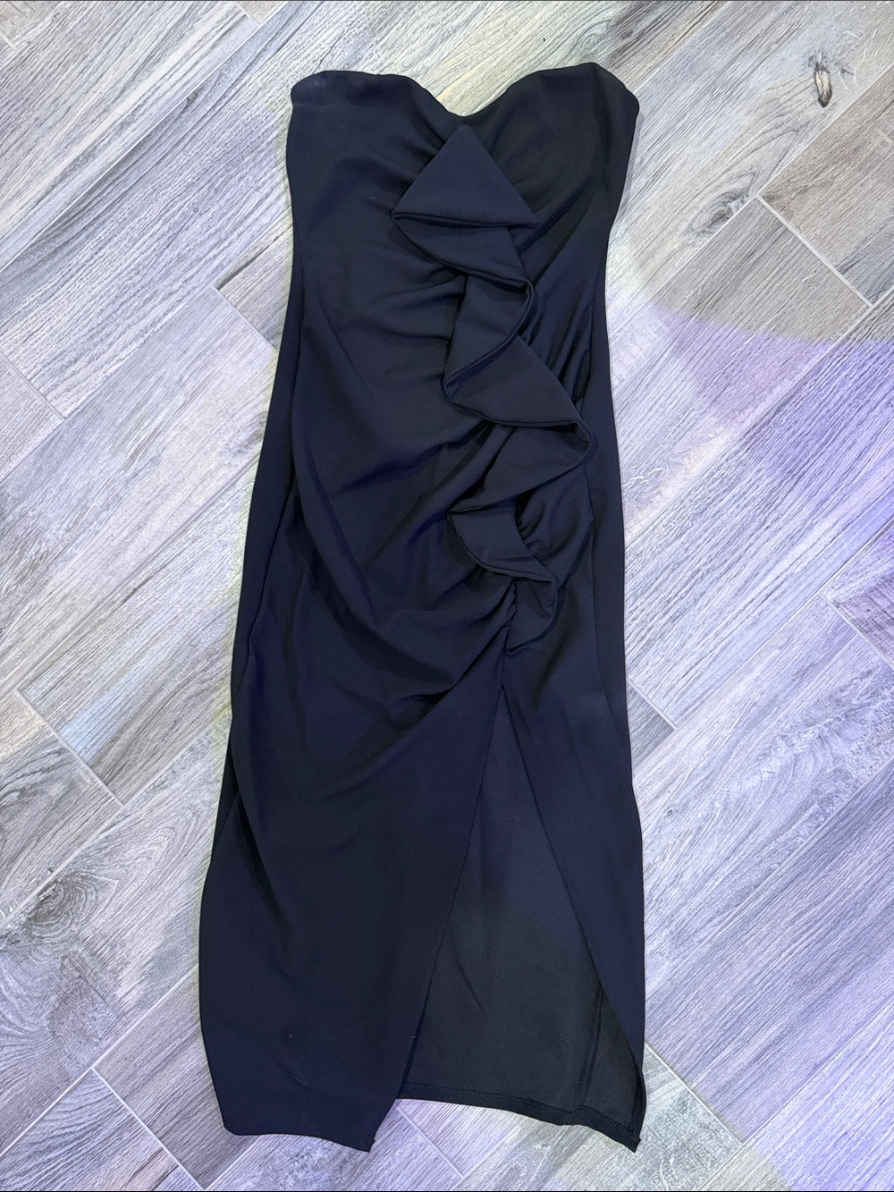 Fashion Nova Strapless Black Ruffle Midi Dress